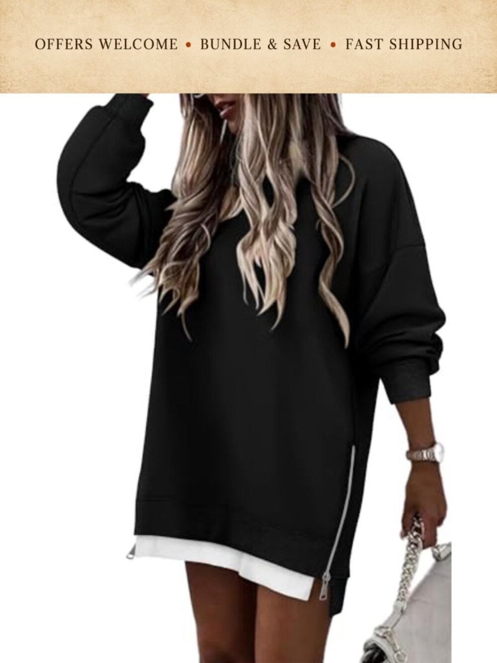 Oversized Zipper Slit Pullover Sweatshirt Crew Neck Long Sleeve Tunic Top